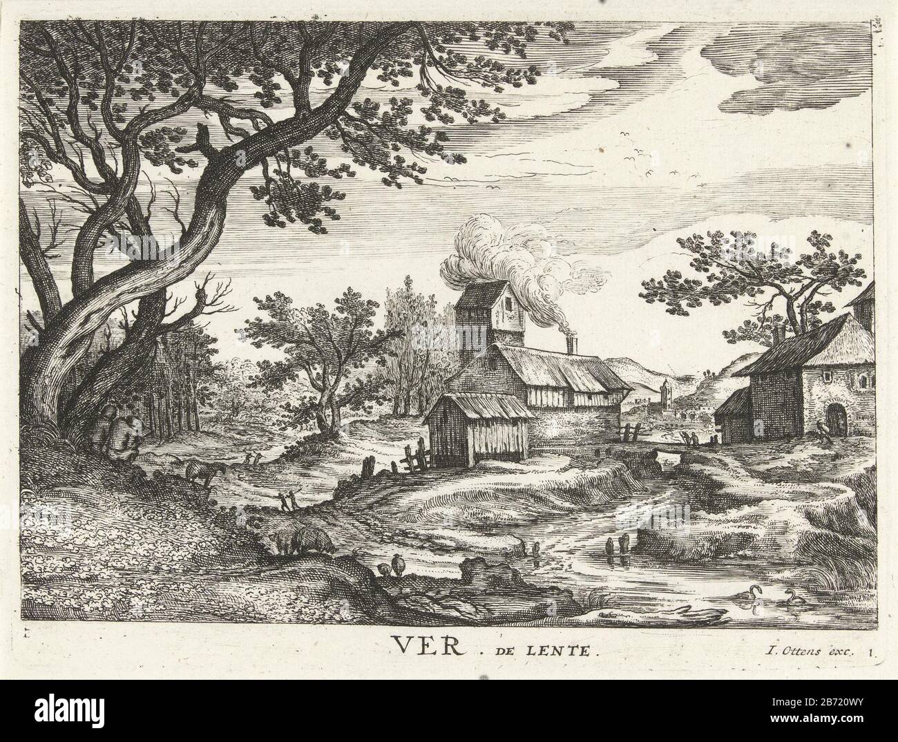 Lente Ver de lente (titel op object) De vier seizoenen (serietitel) Landscape with a few farmhouses and a river. Left two figures sitting under a tree. Print out a series of four seizoenen. Manufacturer : printmaker: Hendrick Hondius (I) printmaker Jan Saenredam (rejected attribution) designed by Paul Bril Publisher: Joachim Ottens (listed property) Place manufacture: Amsterdam Date: 1643 and / or 1698 - 1720 Physical characteristics: etching material: paper Technique: etching dimensions: plate edge: h 155 mm × W 207 mm Subject: spring landscape; landscape symbolizing spring (the four seasons Stock Photo