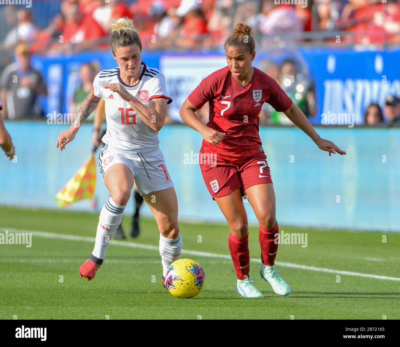 Frisco, TX, USA. 11th Mar, 2020. Spain defender, Mapi Leon (16), and England forward, Nikita Parris (7), in action during the SheBelieves Cup match between England and Spain, at Toyota Stadium in Frisco, TX. Kevin Langley/CSM/Alamy Live News Stock Photo