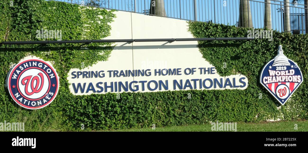 West Palm Beach, United States. 12th Mar, 2020. The Washington Nationals add their championship sign at the spring training facility Fitteam Stadium of the Palm Beaches, in West Palm Beach, Florida on Thursday, March 12, 2020. The 2020 major league baseball season has suspended operations due to the Coronaviurus. Photo by Gary I Rothstein/UPI Credit: UPI/Alamy Live News Stock Photo