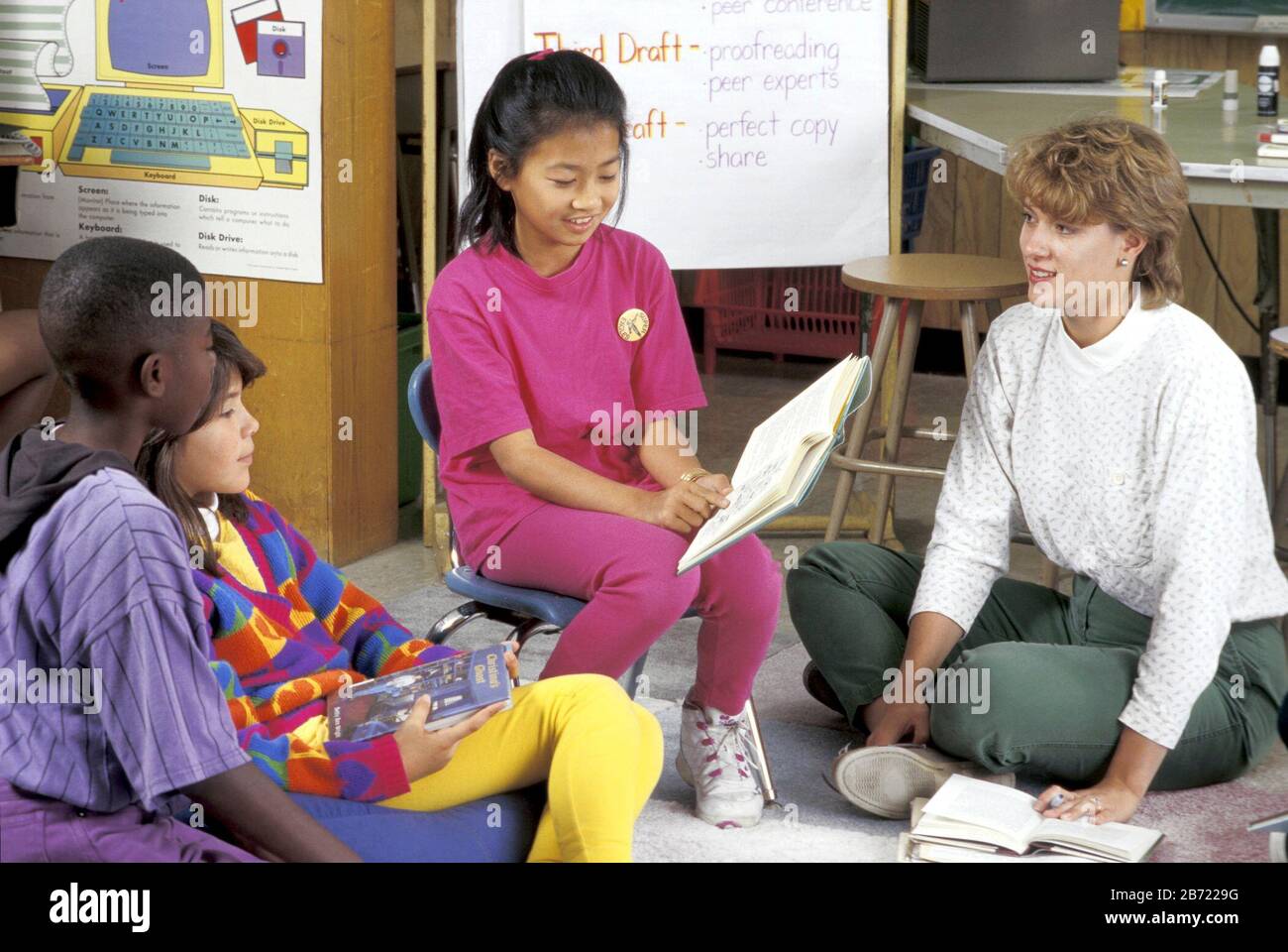 Austin Texas USA Fifth grade students and teacher discussing books in