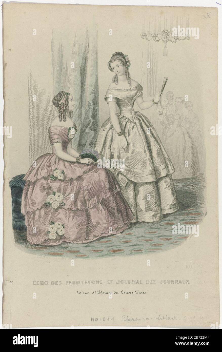 Two women in evening dress, elegant party in the background. Left: pink evening  gown with scalloped hem, decorated with floral corsages. The hairstyle  decorated with flowers and comb. Bouquet of flowers in