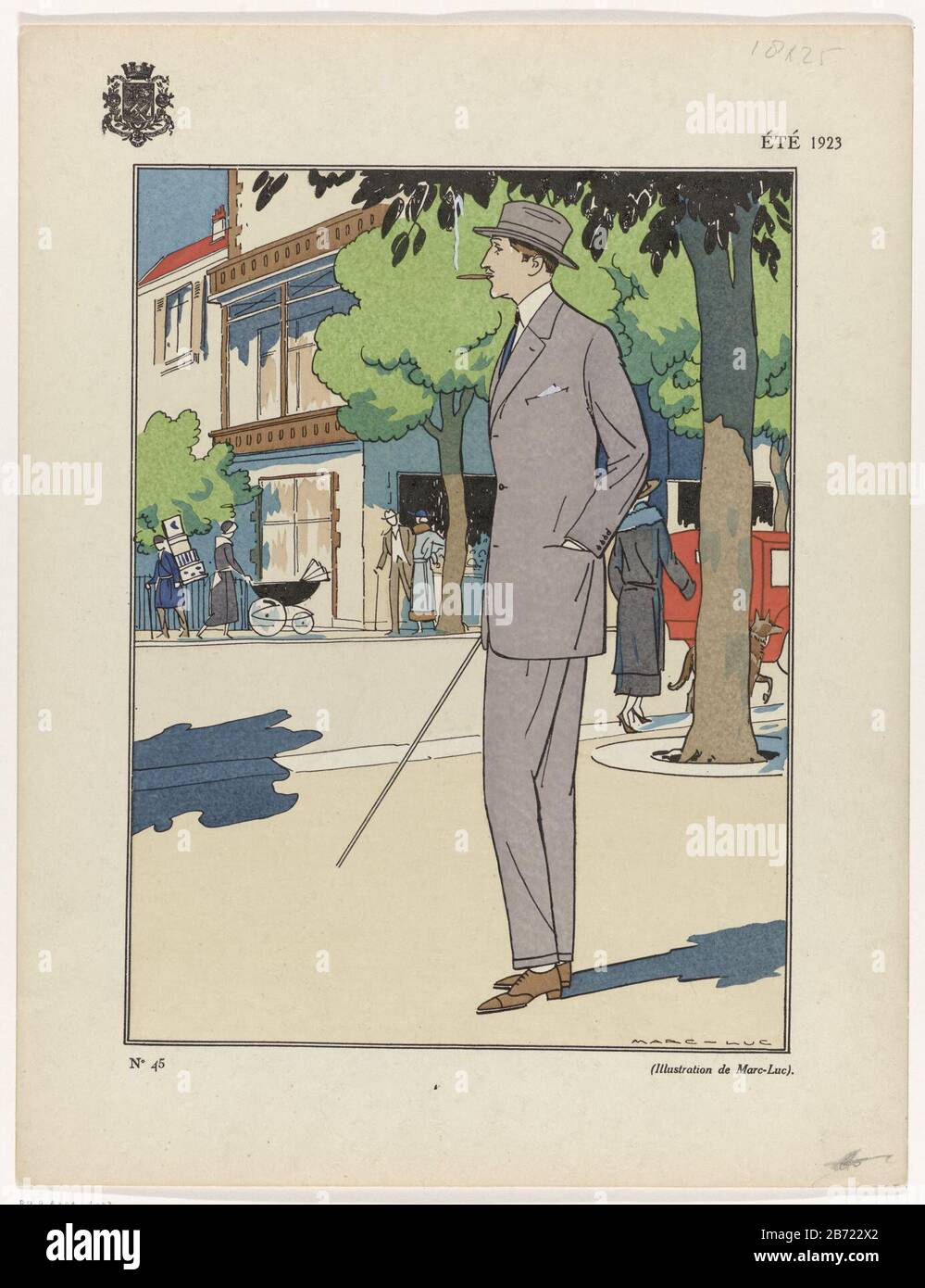 Male, walking on the street, clad in a jacket lapel on a long trousers with jacket. Hat to the head, walking stick in the rechterhand. Manufacturer : to drawing of Marc-Luc (indicated on object) print maker: anonymous location manufacture: Paris Date: 1923 Physical characteristics: engra, with templates and hand-colored material: paper Technique: engra (printing process) / pochoir / hand-color measurements: sheet: h 318 mm × W 244 mm Subject: fashion plates coat (+ men's clothes) trousers, breeches, etc. (trousers), (+ men's clothes) ensembles, or pieces of clothing (SUIT) (+ men's clothes) cl Stock Photo