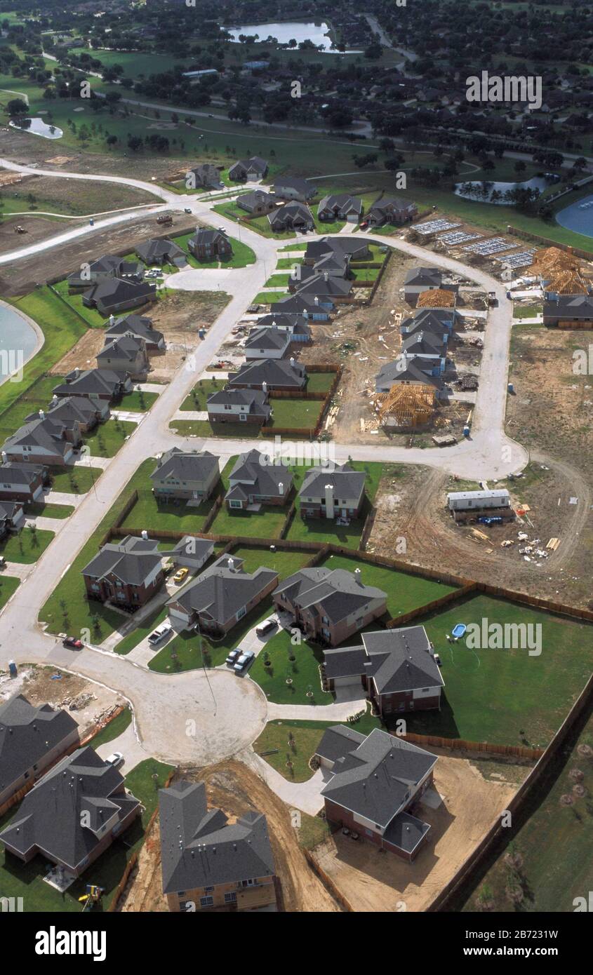 Suburban Houston Texas, August 2001: Aerial view of newly built and ...