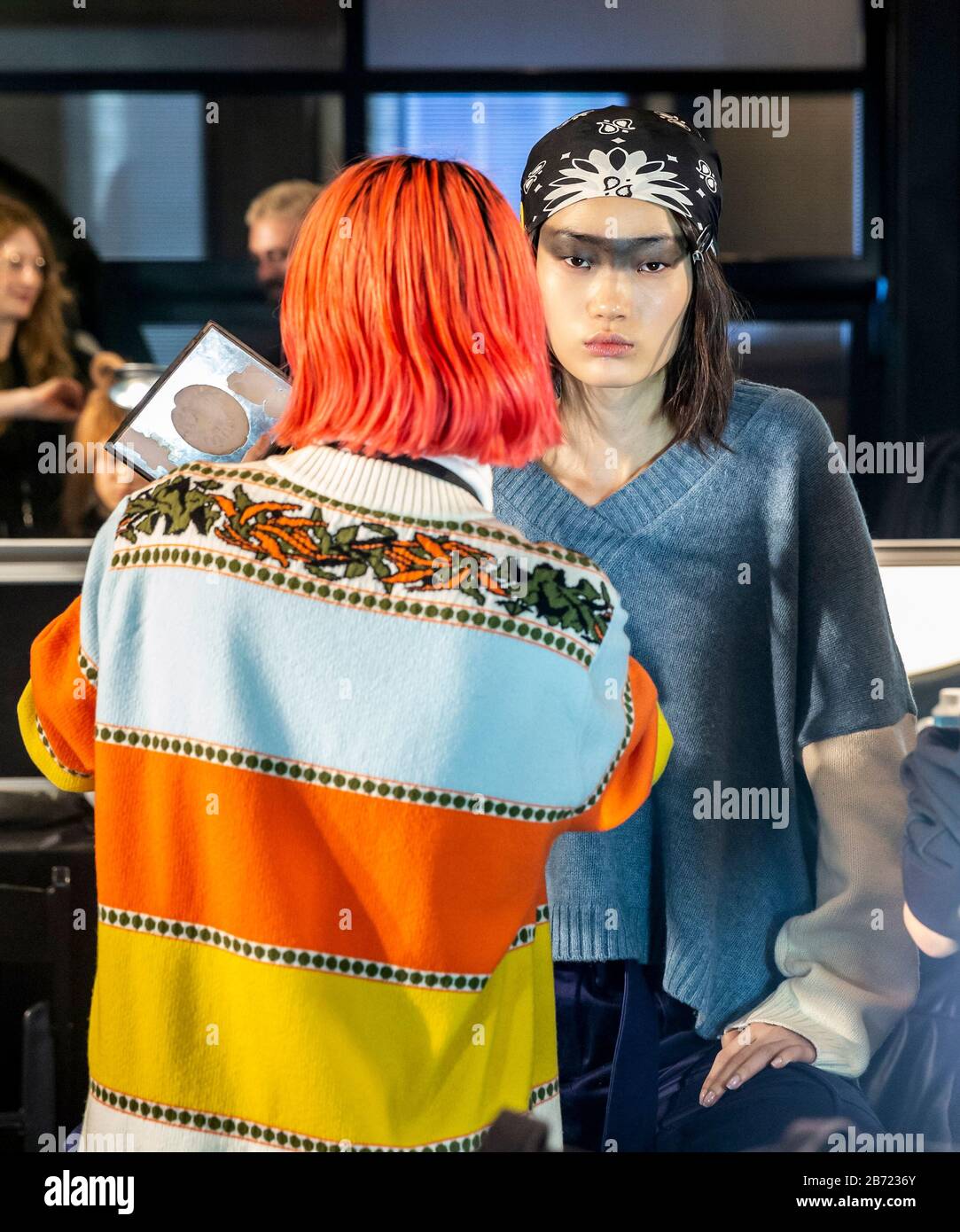 New York, NY - February 08, 2020: A model prepares backstage for the R13 Fall Winter 2020 fashion show during New York Fashion Week Stock Photo