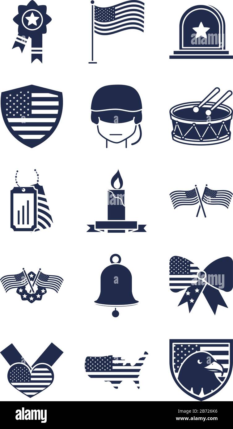memorial day american national celebration icons set vector illustration silhouette style icon Stock Vector