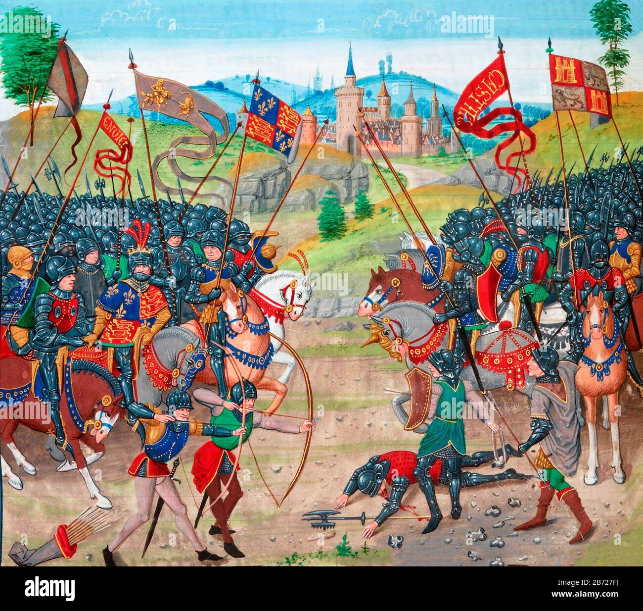 Battle of Najera or the Battle of Navarette with John of Gaunt, the Black Prince, and Pedro the Cruel allied (to the left of the image) against Henry II of Castile and the French. Stock Photo
