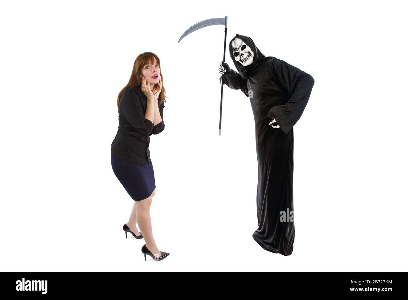 Scared Businesswoman Paranoid Of Catching A Deadly Disease Represented By The Grim Reaper She