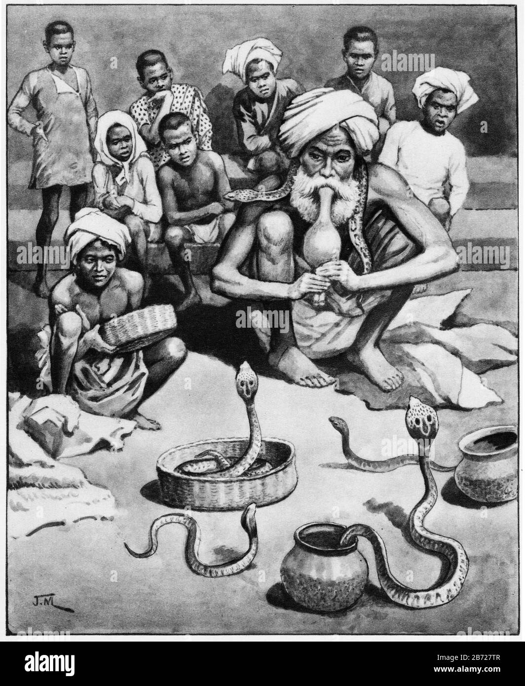 illustration of a snake charmer in India, from a set of school posters used for social studies, c 1930 Stock Photo