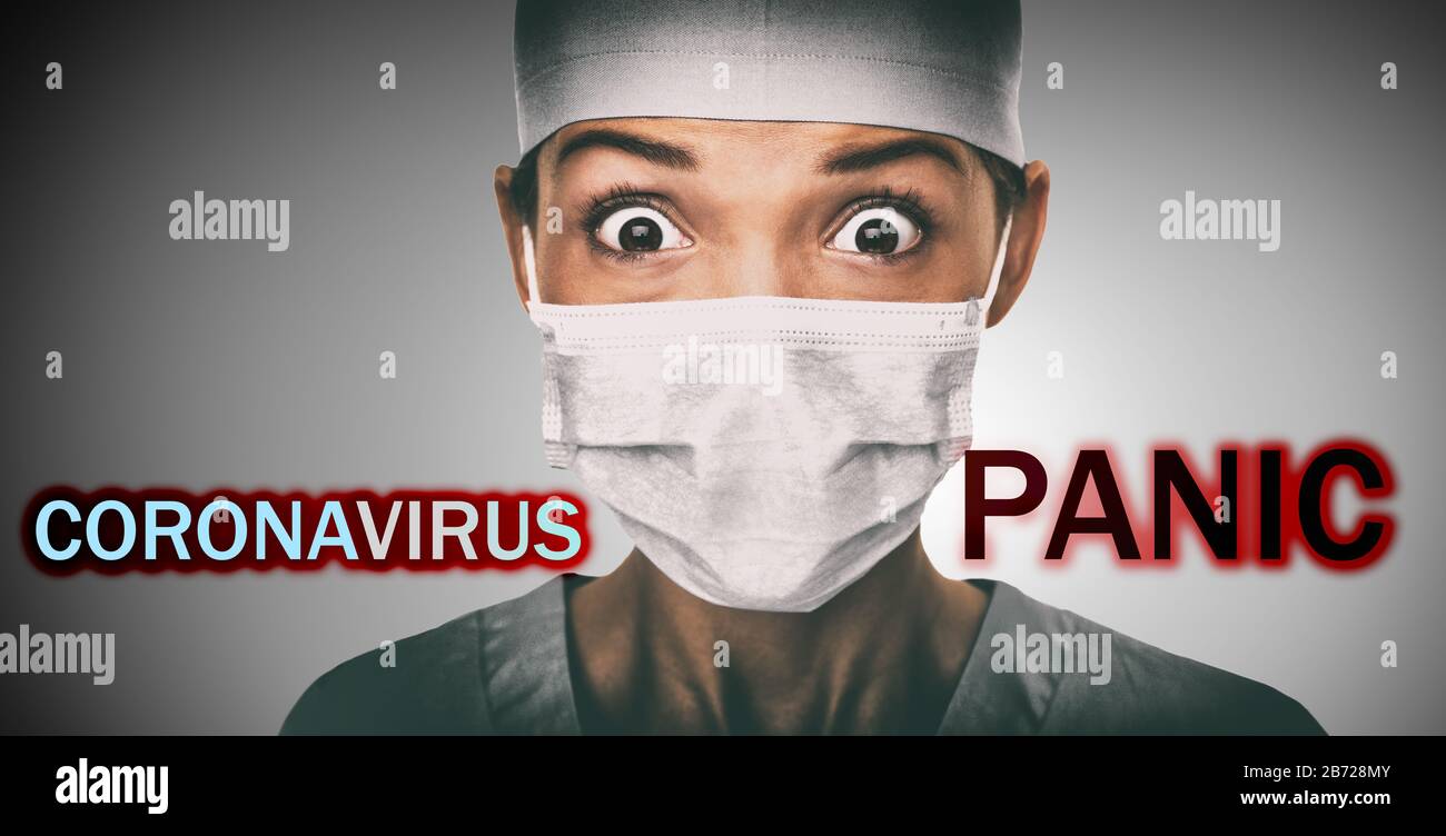 Coronavirus PANIC text title over scared doctor having corona virus epidemic fear wearing face mask as preventive protective measure for pandemic at hospital. Billboard sign funny medical concept. Stock Photo