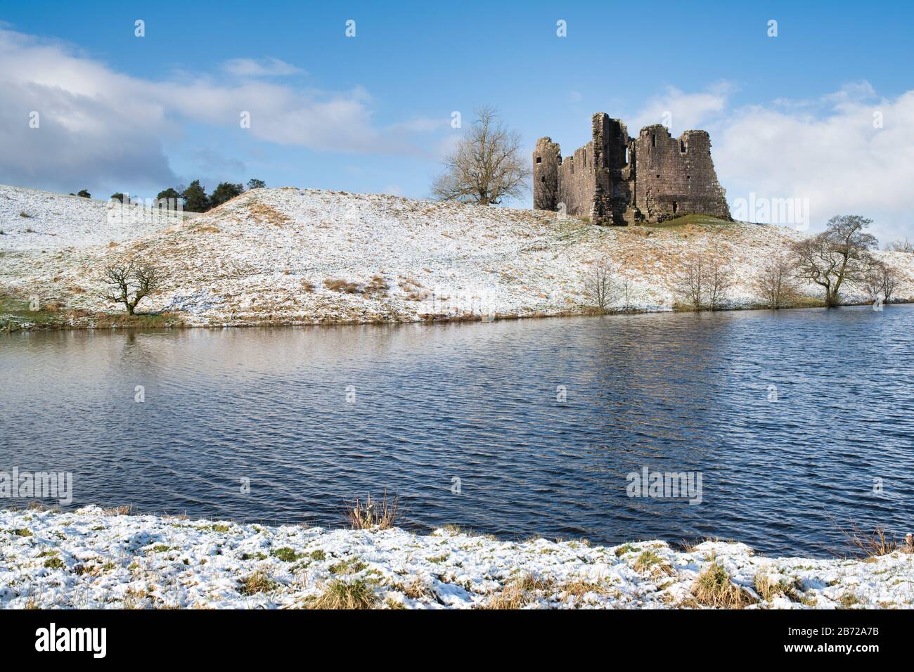 Morton Castle in the winter snow in the hills above Nithsdale. Dumfries and Galloway, Scottish borders, Scotland Stock Photo