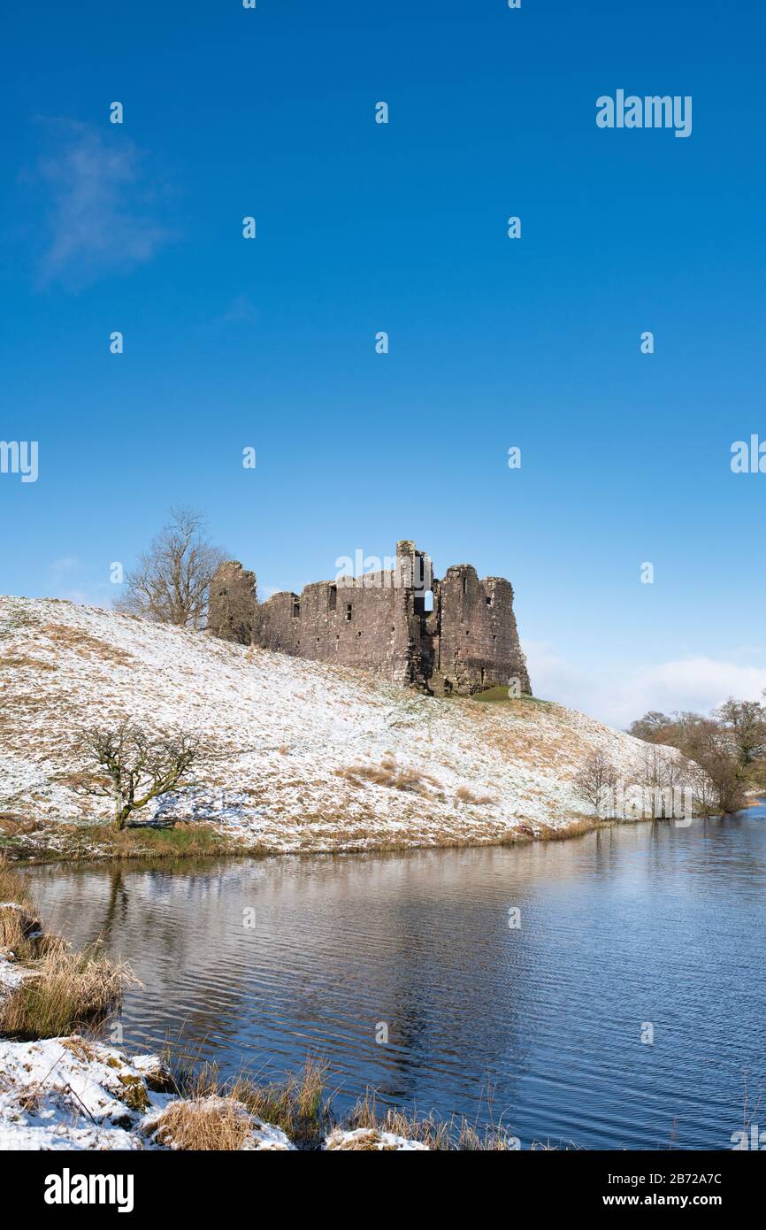 Morton Castle in the winter snow in the hills above Nithsdale. Dumfries and Galloway, Scottish borders, Scotland Stock Photo