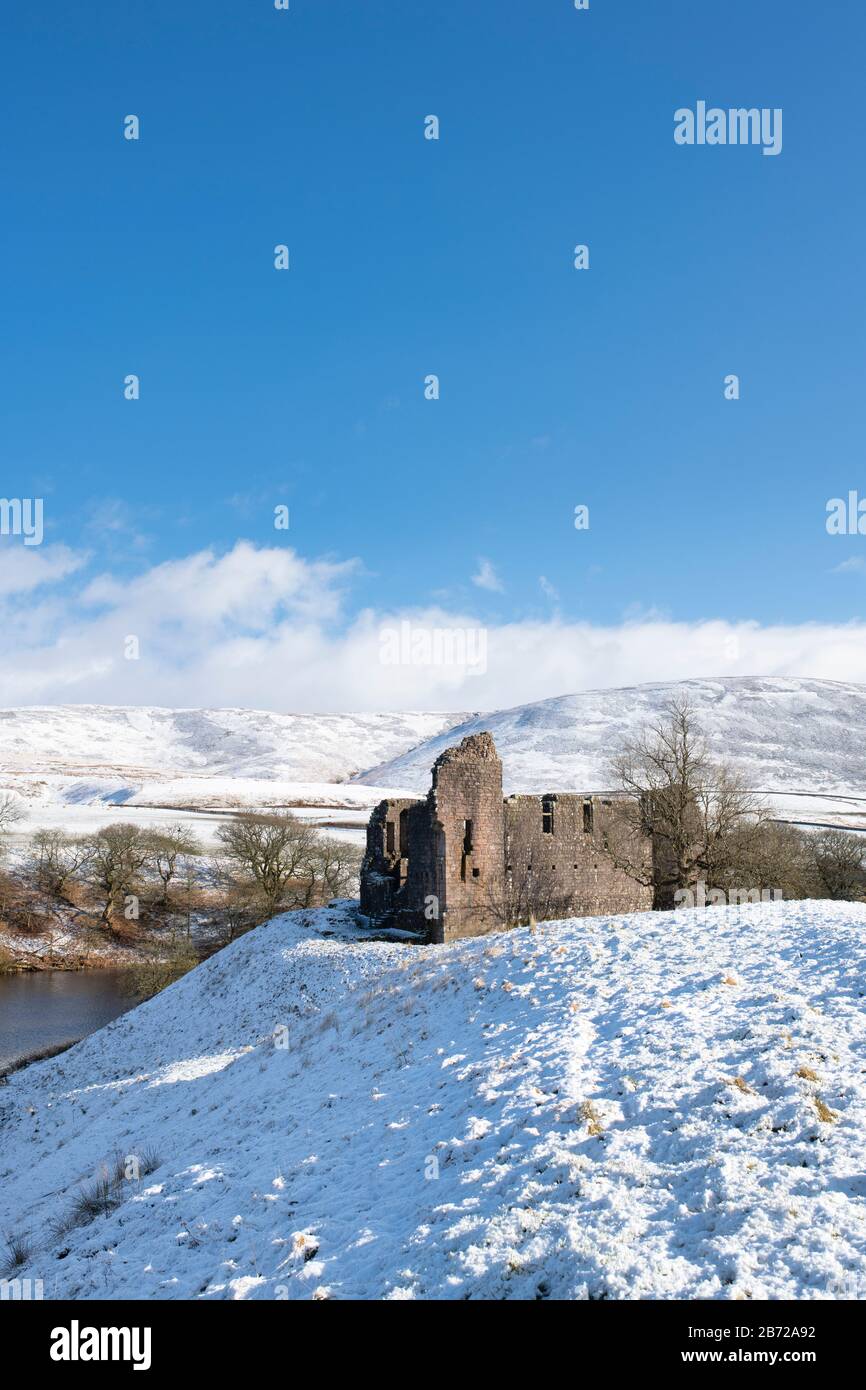 Morton Castle in the winter snow in the hills above Nithsdale. Dumfries and Galloway, Scottish borders, Scotland Stock Photo