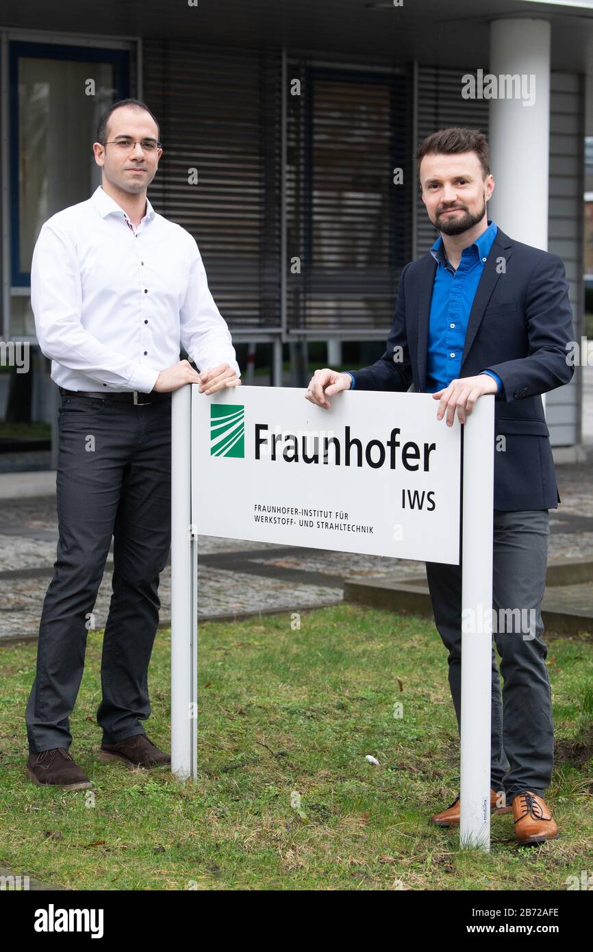 Dresden, Germany. 11th Mar, 2020. Sabri (l), research associate at the Fraunhofer Institute for Material and Beam Technology IWS, and Tim Kunze, group leader for surface functionalization, standing the