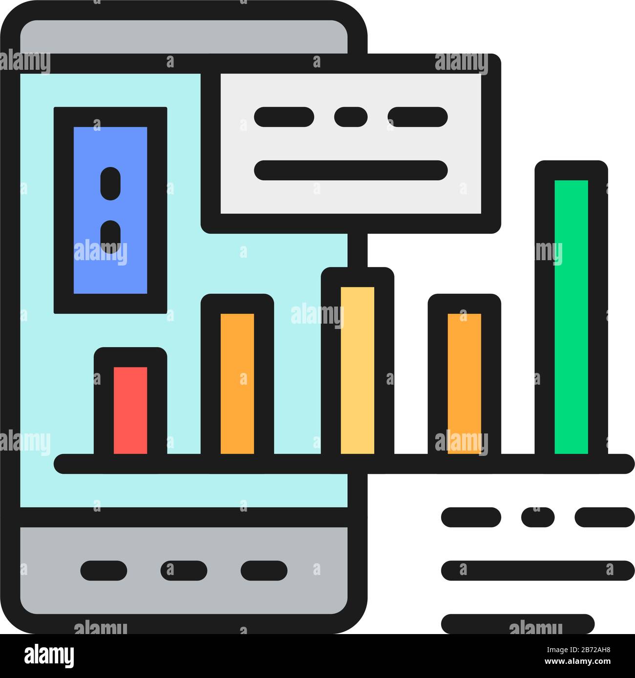 Phone with charts and graphs, mobile presentation flat color line icon. Stock Vector