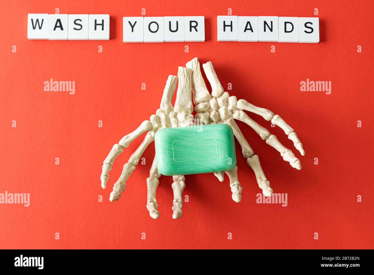 Wash your hands spelled with letter Tiles and a bar of Soap Stock Photo ...