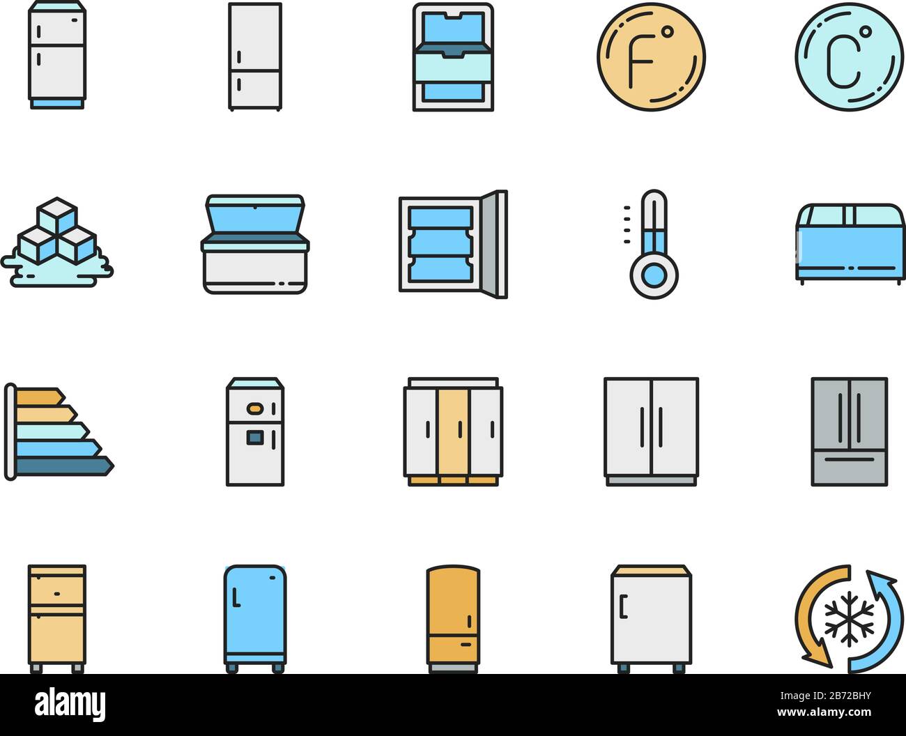 Set of Fridge Flat Color Line Icons. Freezer, Refrigerator, Ice Cubes and more. Stock Vector