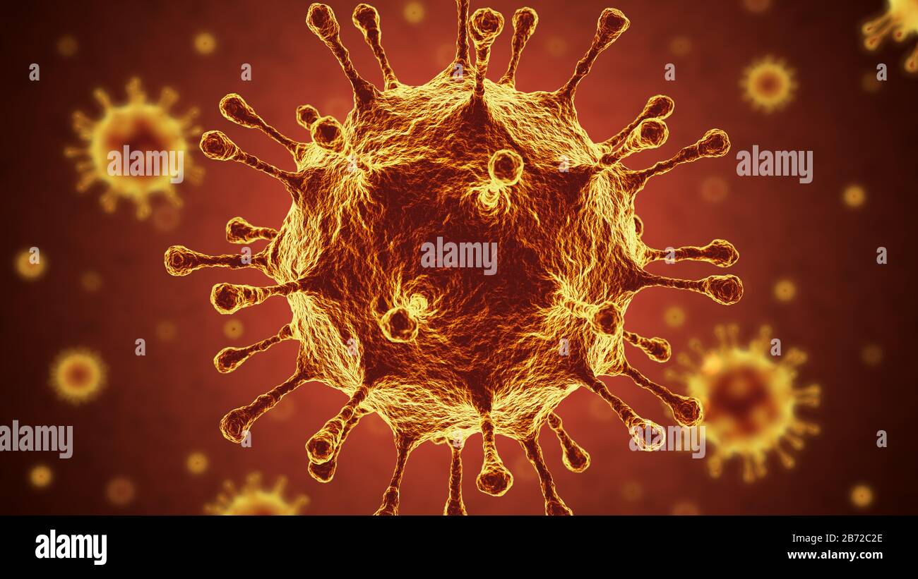 SARS-Cov-2 coronavirus virus strain infectious pathogen seen in laboratory microscope causing the corona disease outbreak covid-19, medical diagnosis, Stock Photo