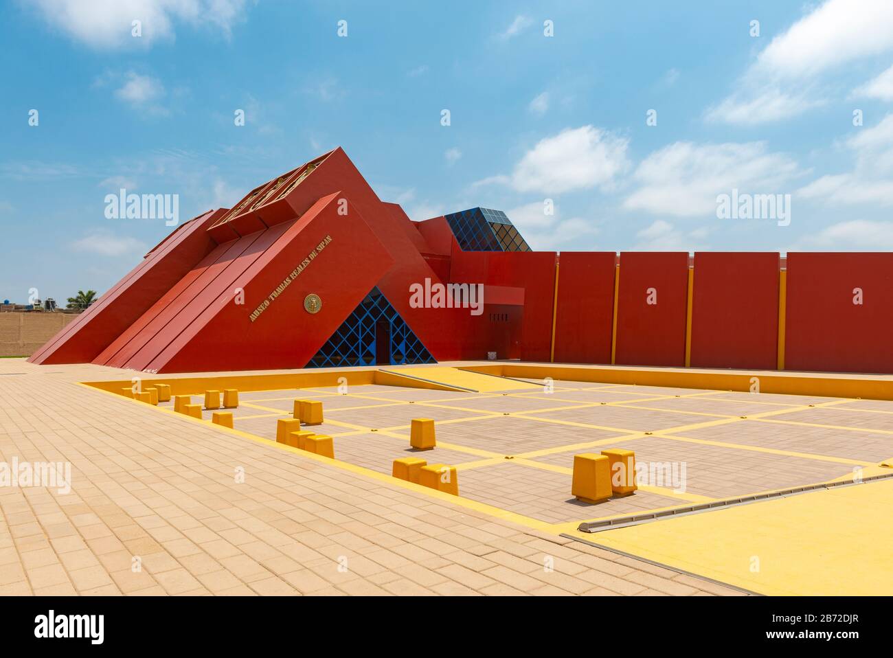 Facade of the Sipan Lord royal tombs museum in modern architecture style in Lambayeque city between Trujillo and Chiclayo, Peru. Stock Photo