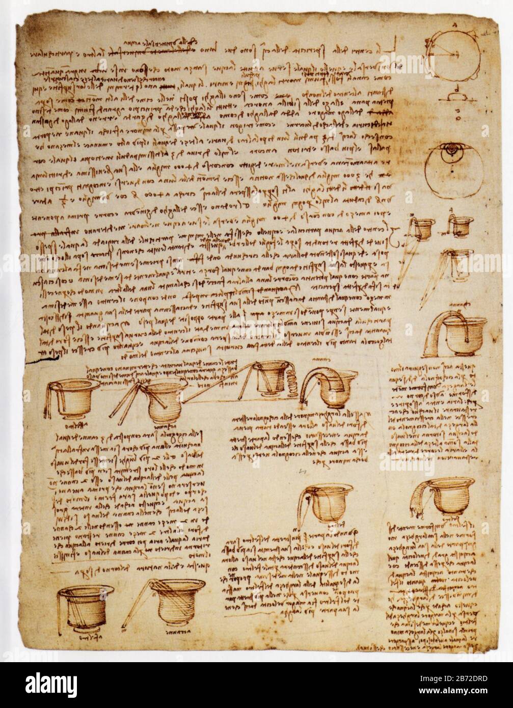 Leonardo da Vinci. Experiments with siphons of various kinds studies on communicating vessels. 1506-1508 Stock Photo