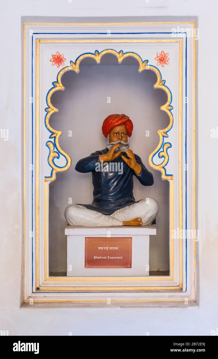 Musician statue BagorekiHaveli museum Udaipur Rajasthan India Stock