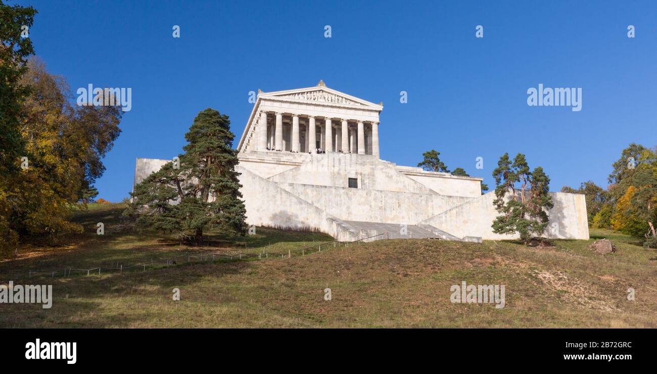 Panorama view of Walhalla. The hall was initiated by King Ludwig I. and is a memorial for important german personalities. Classicism, architecture. Stock Photo