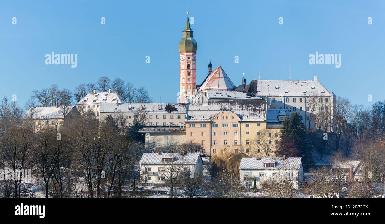 Panorama view on Kloster Andechs during winter. Benedictine monastery on top of the so-called holy mountain. Bavaria's oldest pilgrimage church. Stock Photo