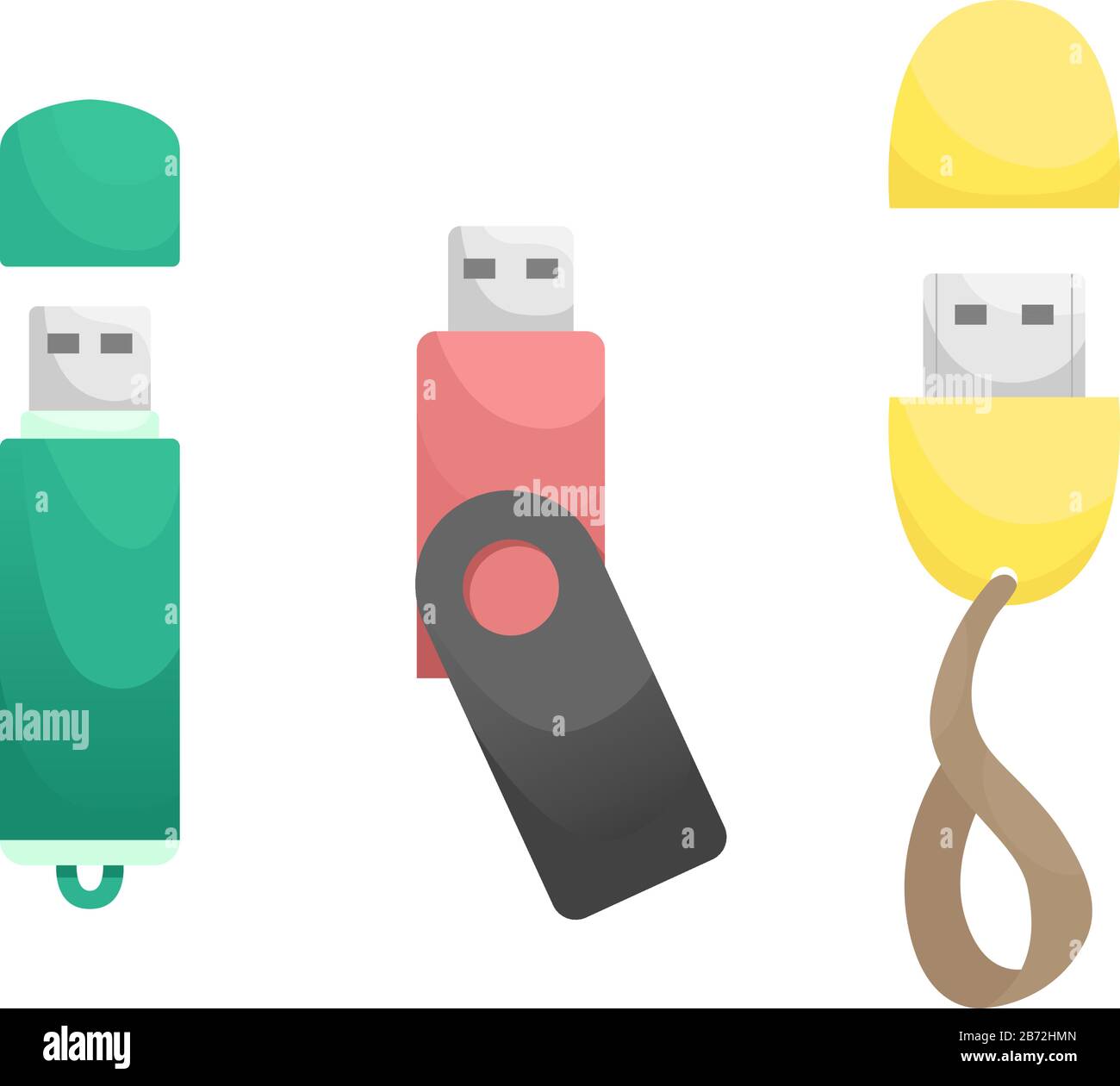 Set of 3 flat vector USB flash drive. Data storage device, computer accessories. Personal data. Stock Vector