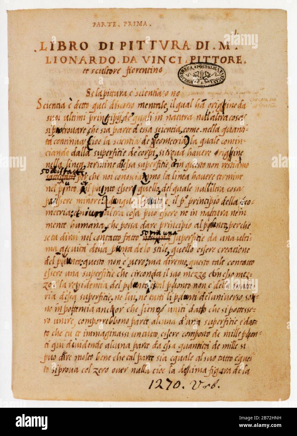 Francesco Melzi. First page of the ''Libro di Pittura,di M.Lionardo da Vinci.Pittore''.1530-1550. Stock Photo