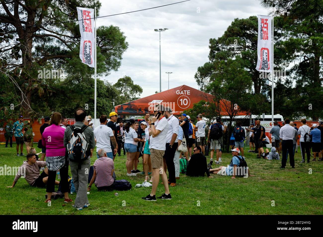Fans waiting outside to hear whether the Australian F1 Grand Prix will go ahead due to COVID-19 Corona Virus concerns. Stock Photo