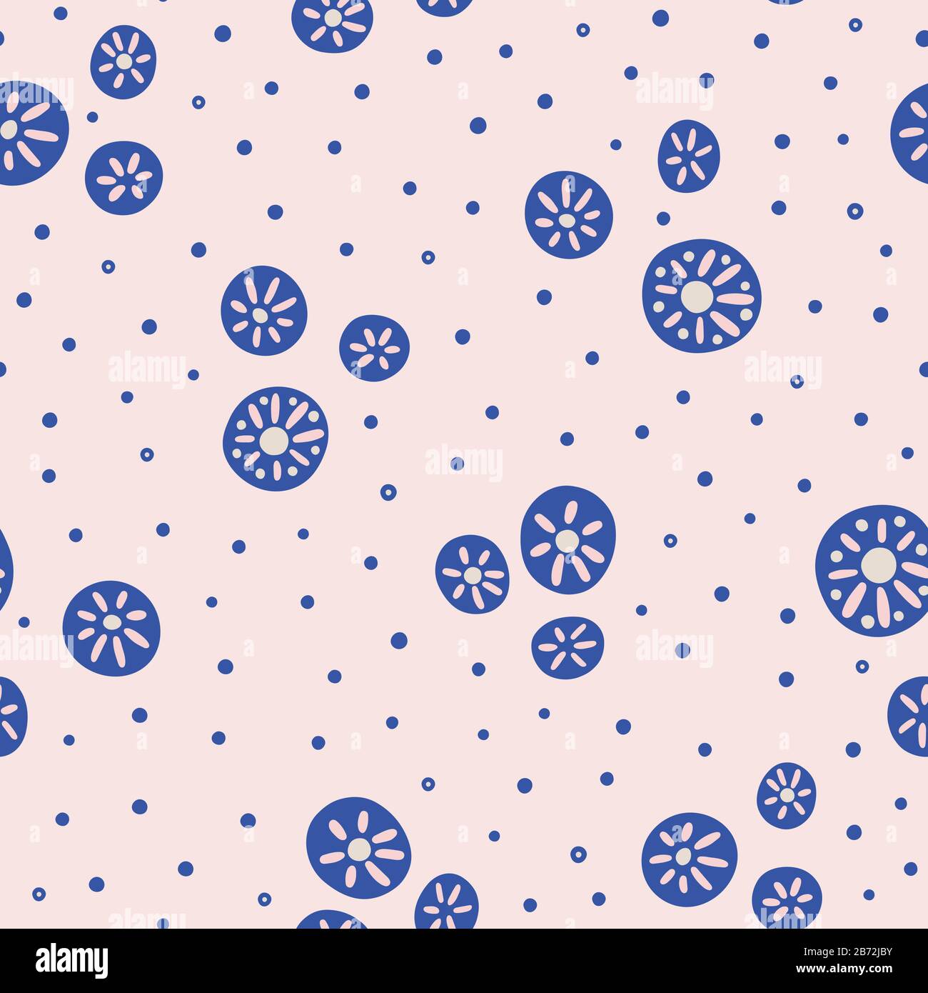Abstract vector pattern of decorated circles and dots in pink and navy blue. Pretty seamless repeat design background. Stock Vector