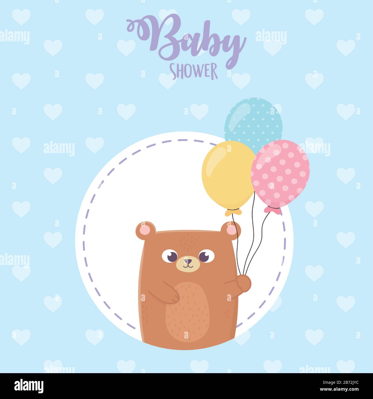 baby shower, teddy bear with balloons round label heart blue background