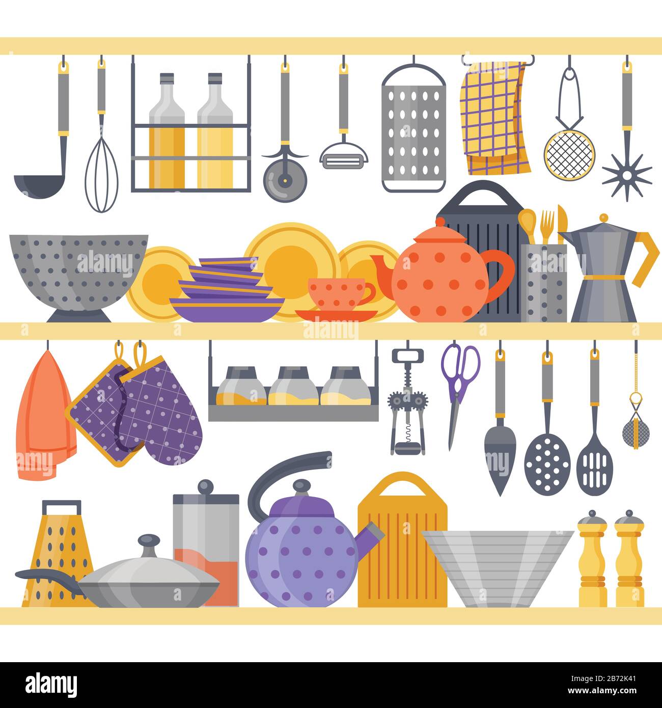Flat Kitchen Shelves with Utensils and Kitchenware Stock Vector Image