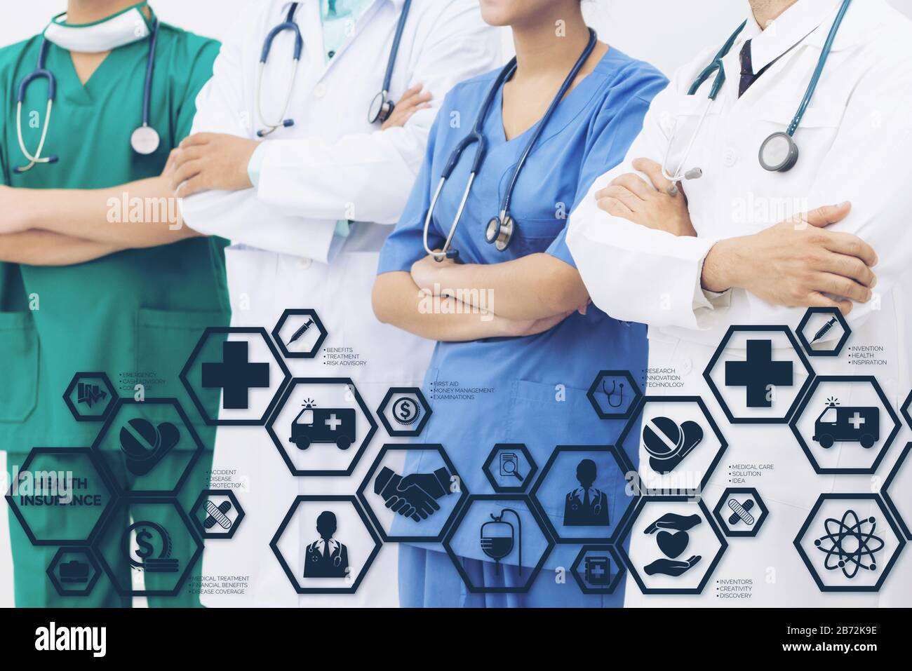 Health Insurance Concept Doctor In Hospital With Health Insurance Related Icons In Modern Graphic Interface Showing Symbol Of Healthcare Person Mon Stock Photo Alamy