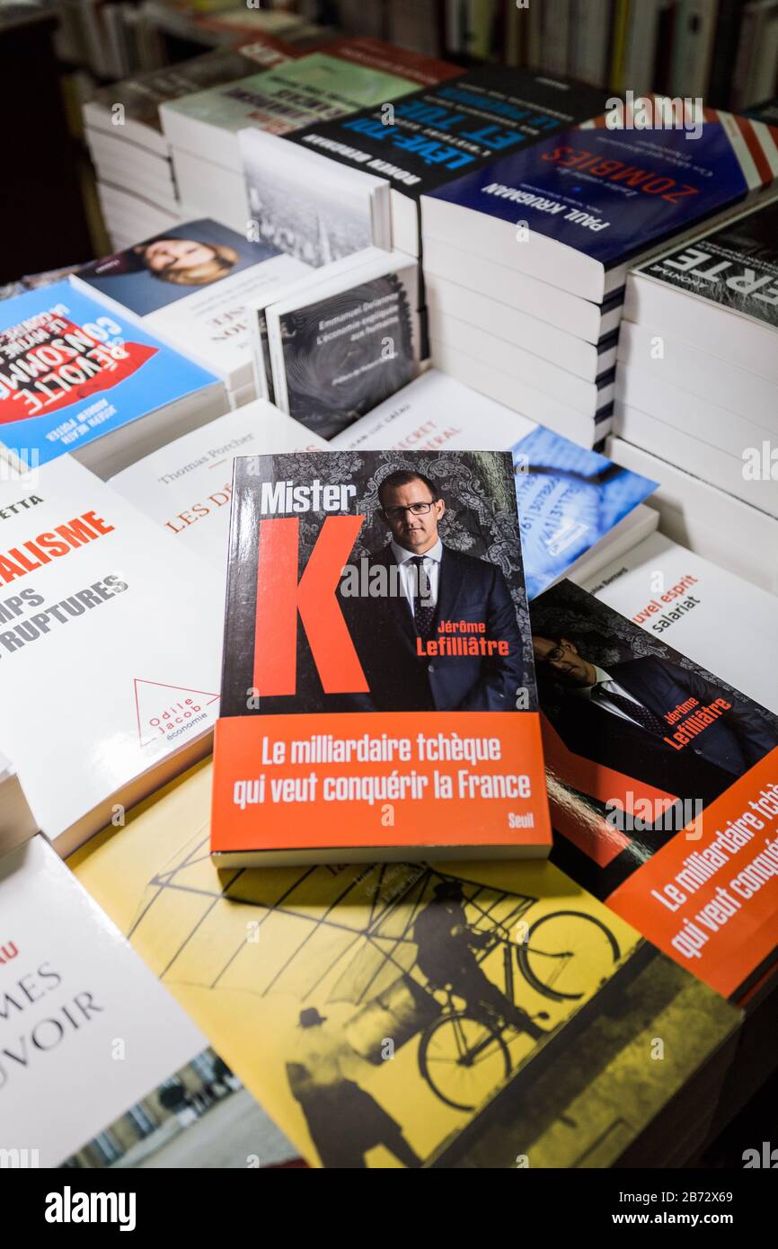 Paris, France. 12th Mar, 2020. Book on Czech investor Daniel Kretinsky  called Mister K. - Petites et grandes affaires de Daniel Kretinsky, by  French journalist Jerome Lefilliatre, is seen in one of