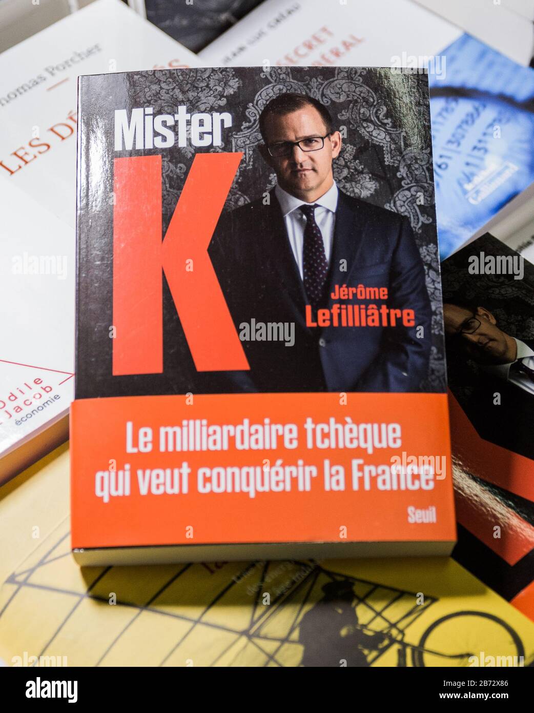 Paris, France. 12th Mar, 2020. Book on Czech investor Daniel Kretinsky  called Mister K. - Petites et grandes affaires de Daniel Kretinsky, by  French journalist Jerome Lefilliatre, is seen in one of