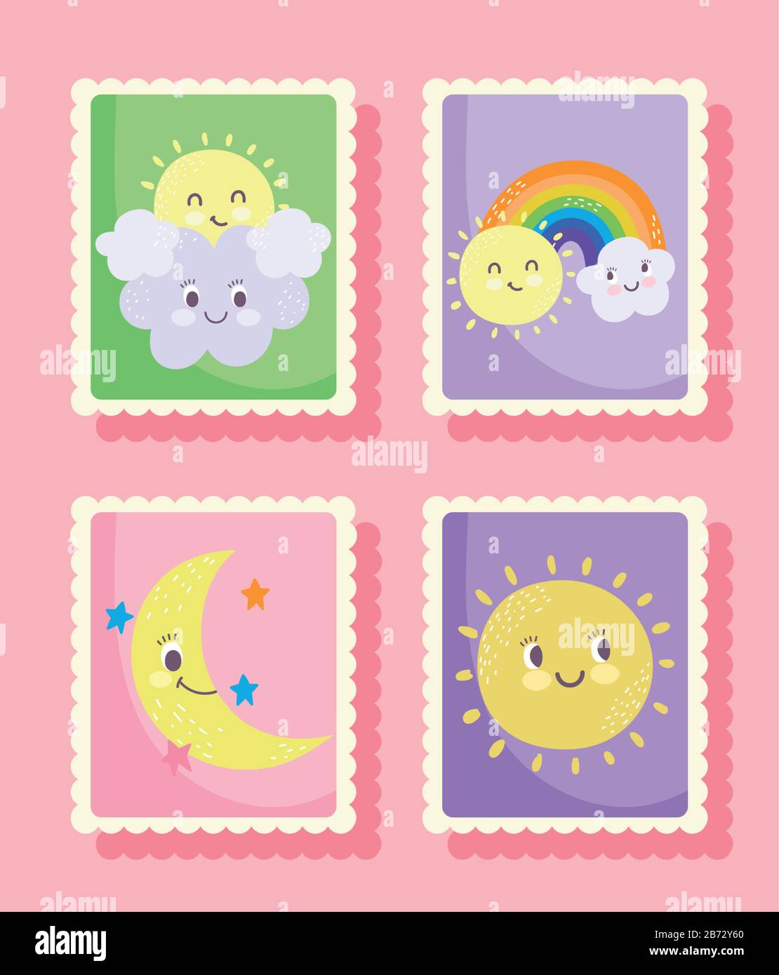 cute stamps, weather sun rainbow clouds moon icons vector illustration ...