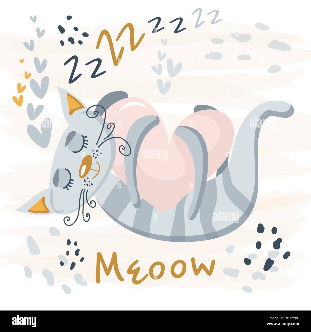 Sleeping grey cute cat baby animal. Nursery vector cartoon sleep animal cat, cute print illustration. Adorable gray and pink hand drawn Stock Vector