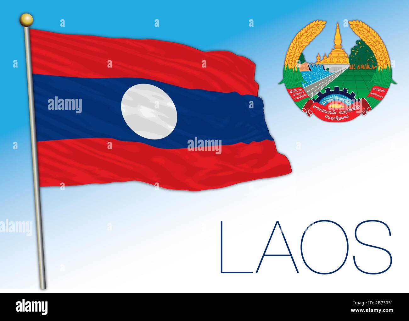Laos official national flag and coat of arms, asiatic country, vector