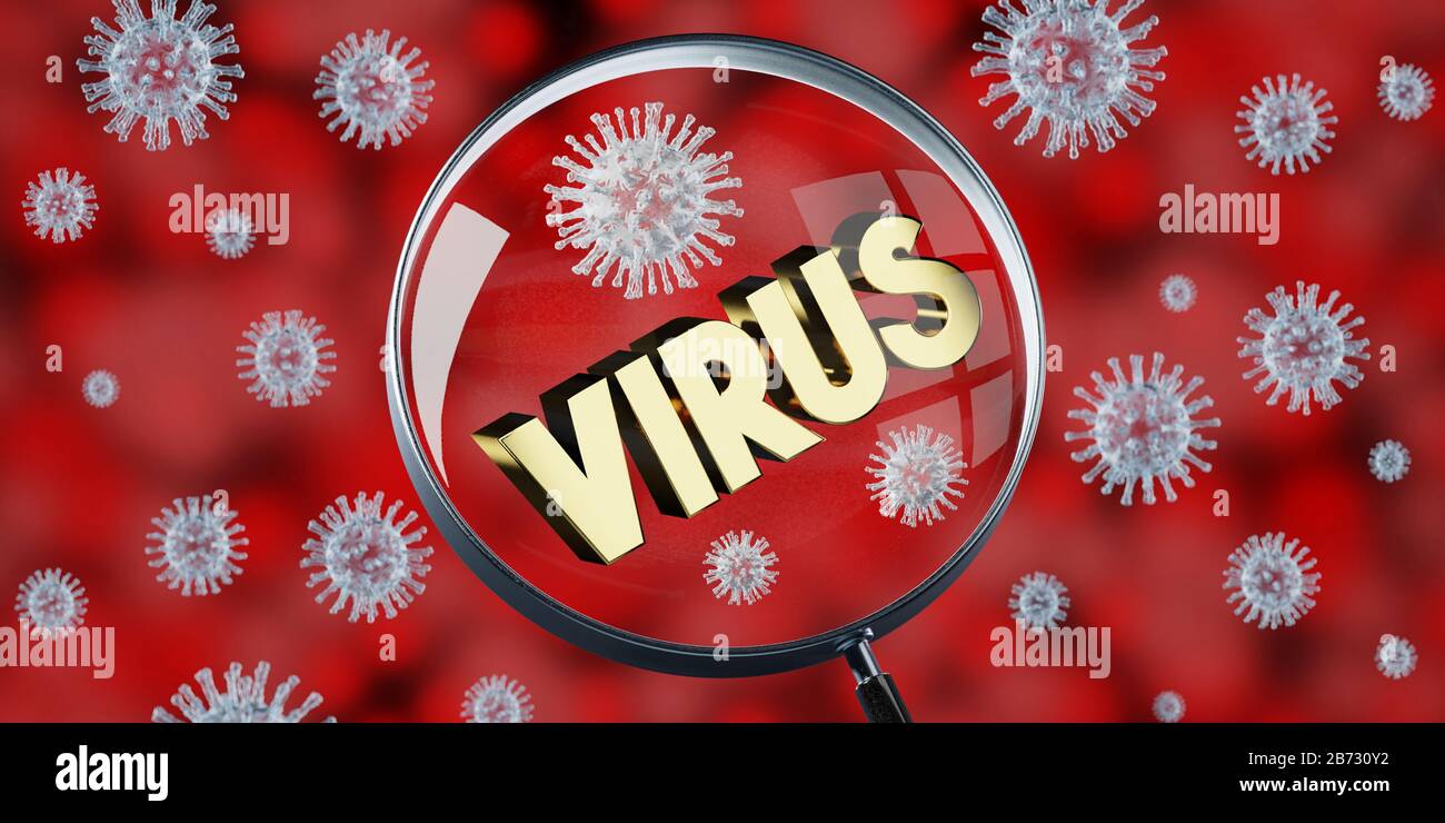 Virus concept, magnifying glass - 3D illustration Stock Photo - Alamy
