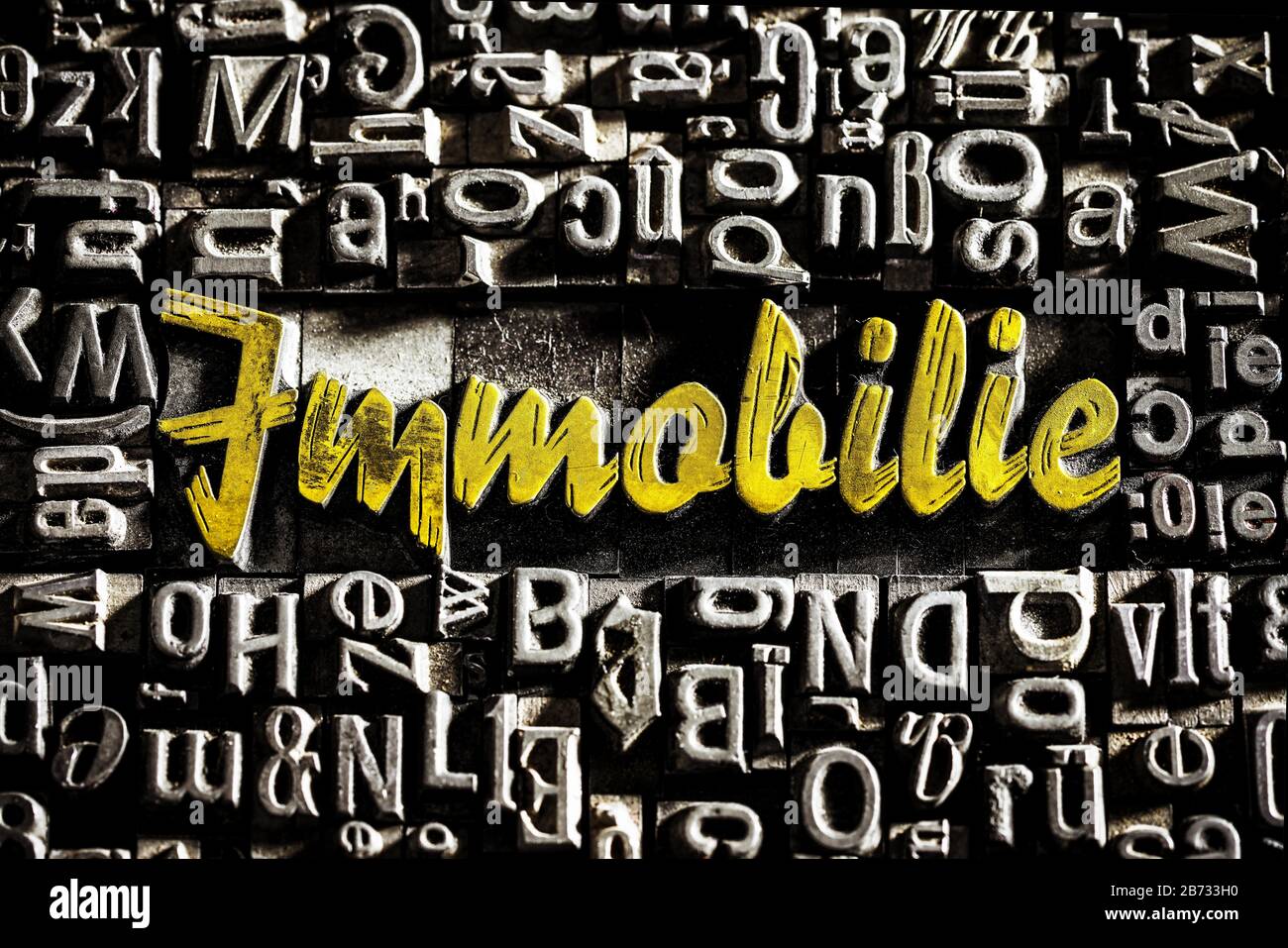 Old lead letters with gold lettering show the word Immobilie, Germany Stock Photo