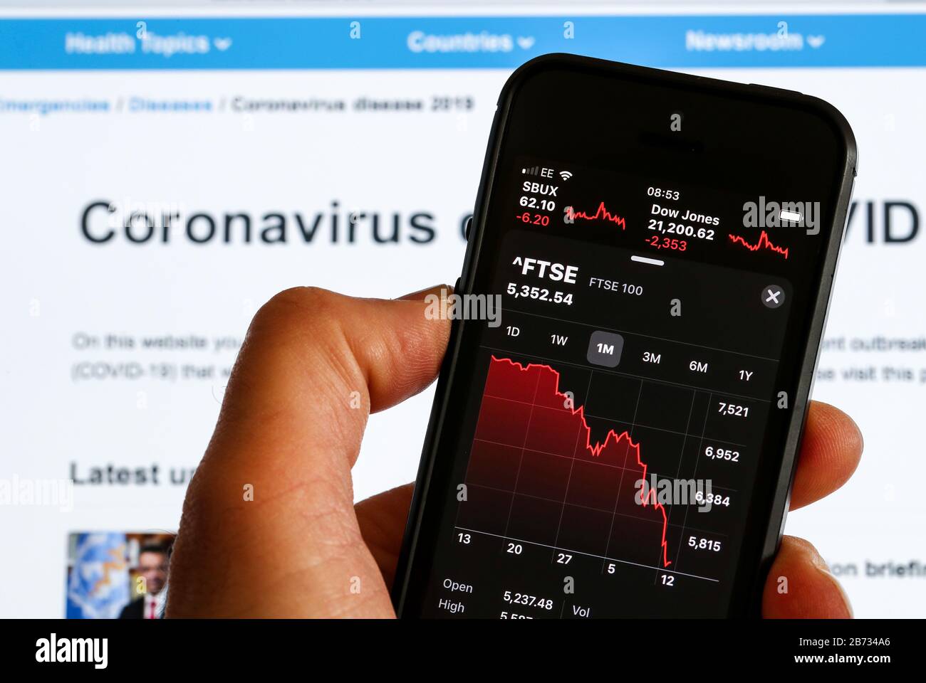 A man watches the FTSE 100 stock market drop due to the  Coronavirus pandemic Stock Photo
