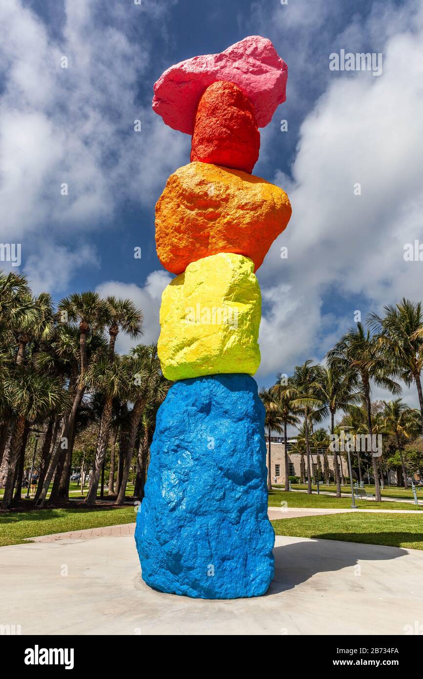 The Miami Mountain sculpture (by Ugo Rondinone) is an acquisition by the Bass Museum of Art, Collins Park, Miami Beach, USA. Stock Photo