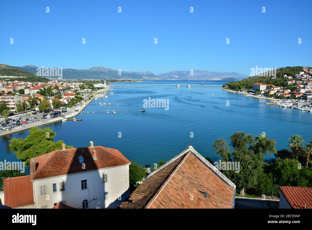 View of sea coast in Trogir town with colorful houses, Dalmatia