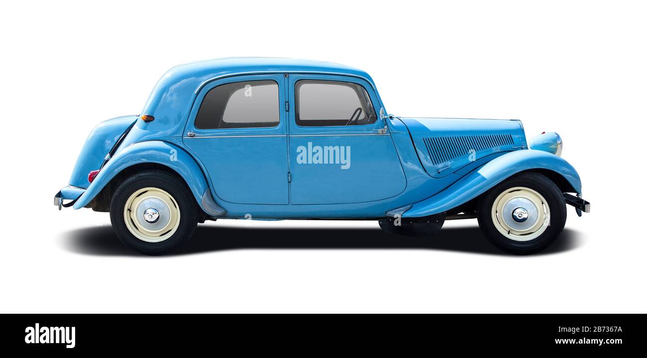 Blue classic German car side view isolated on white Stock Photo