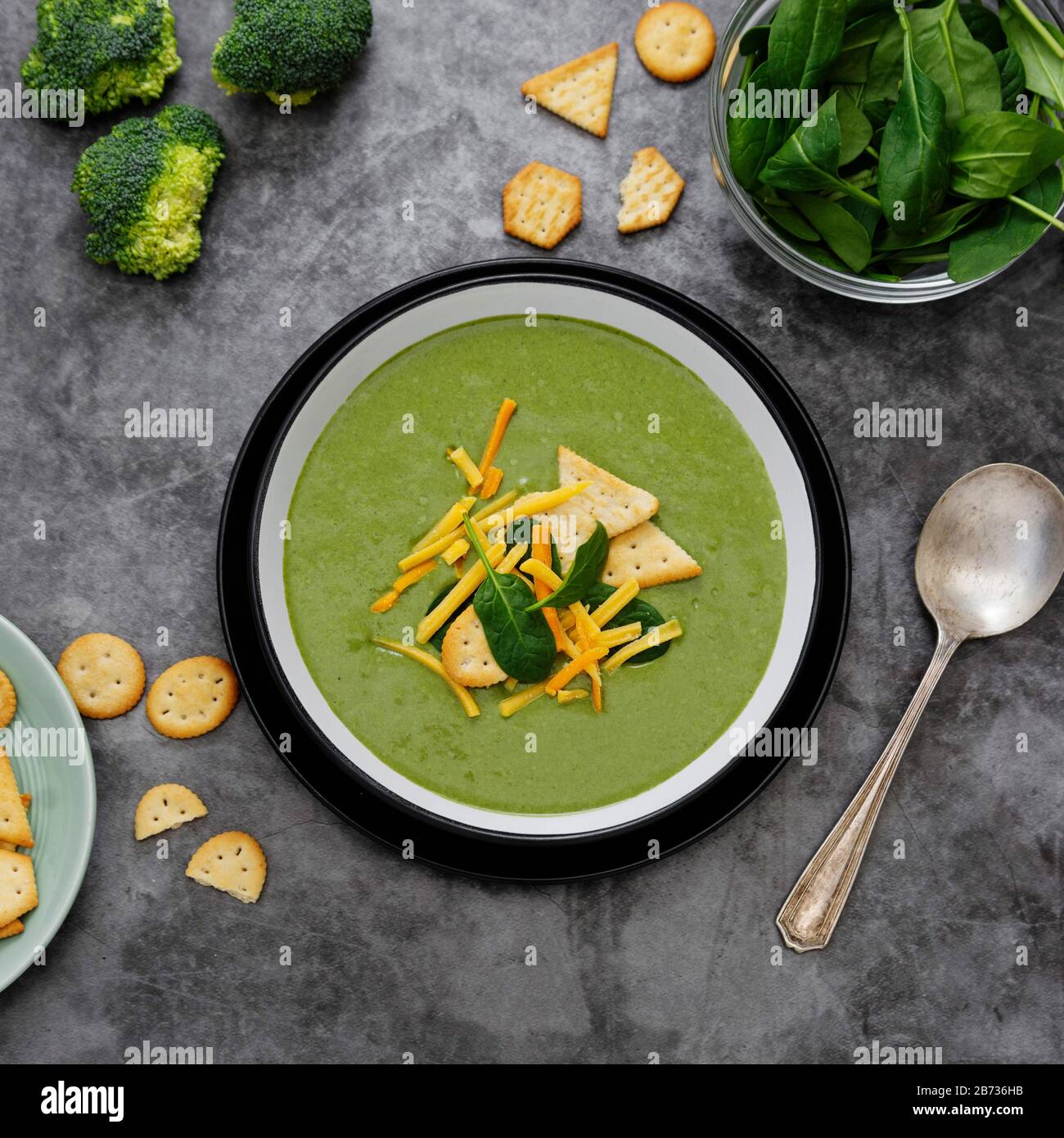 Creamy vegetable soup. Healthy spinach, broccoli vegetarian detox food