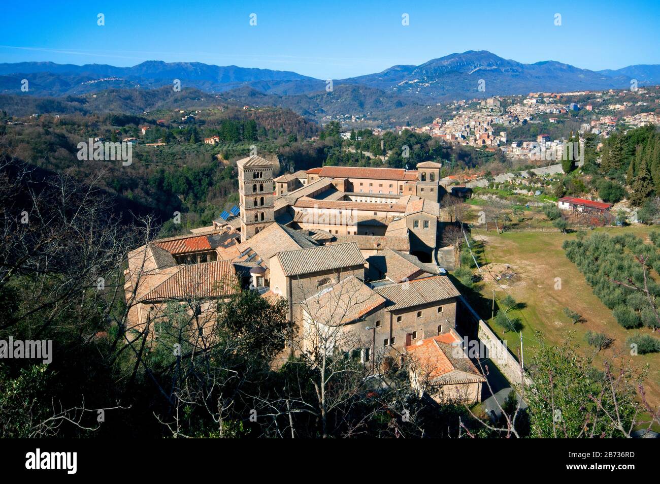 Saint Scholastica Monastery and Subiaco village in the background, Lazio, Italy Stock Photo