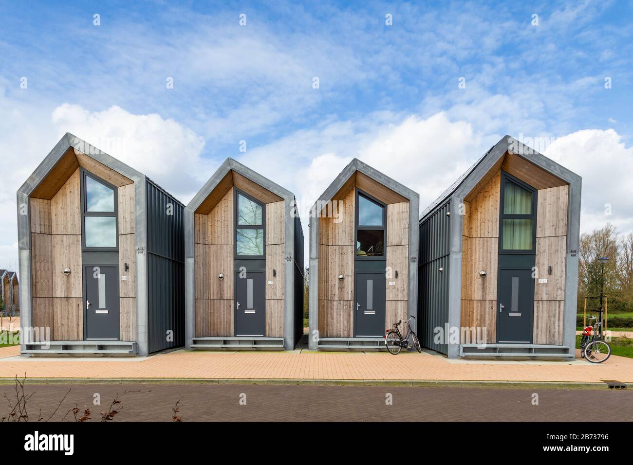 Nijkerk, Netherlands,March 12, 2020: Eco friendly tiny houses in NIjkerk. 39 square meters surface for a sustainable living. Stock Photo