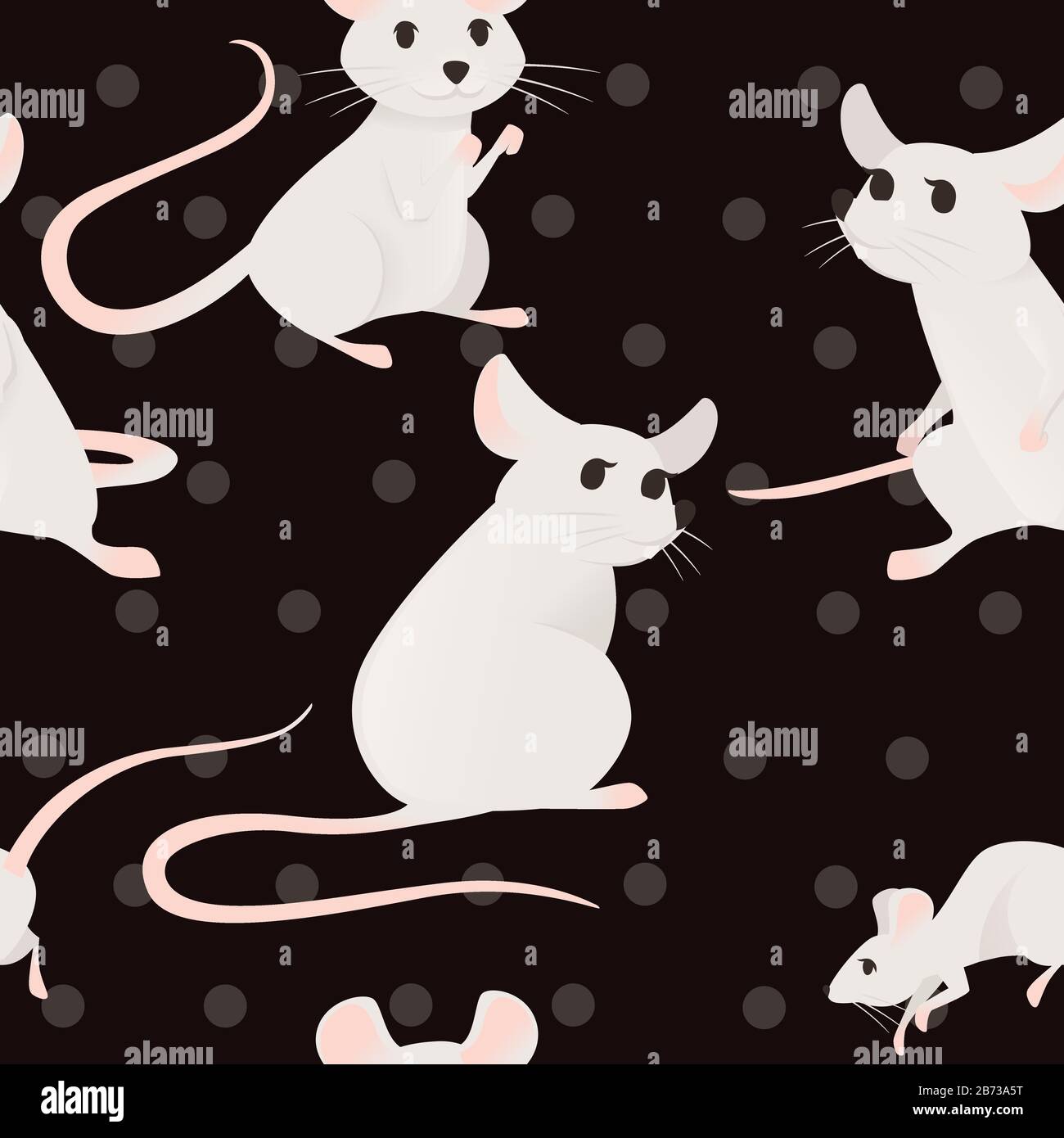 Seamless pattern of cute cartoon mouse small white mouse flat vector illustration on dark background. Stock Vector