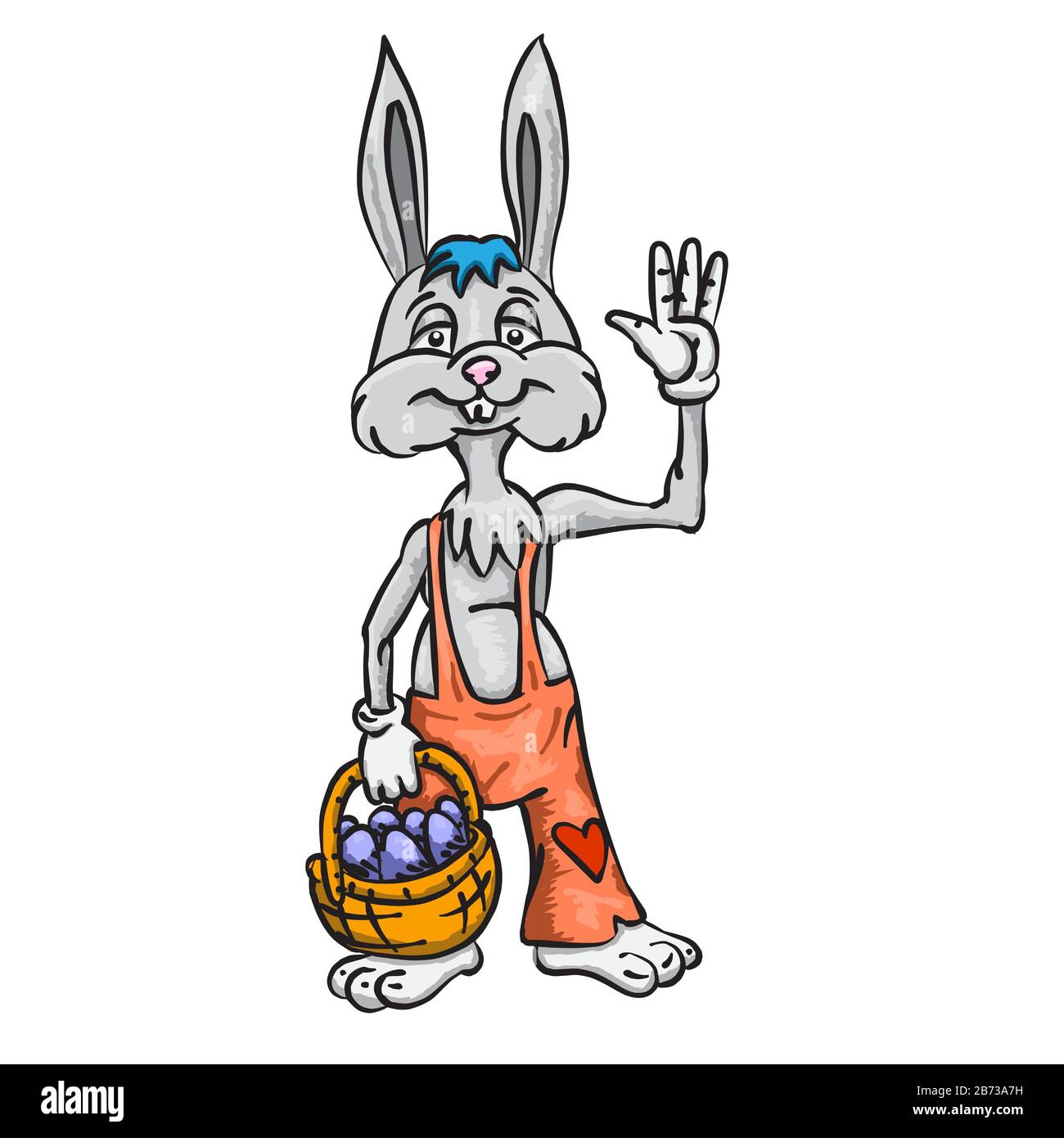 The Easter bunny with a basket full of painted Easter eggs on a white isolated background. Vector image Stock Vector