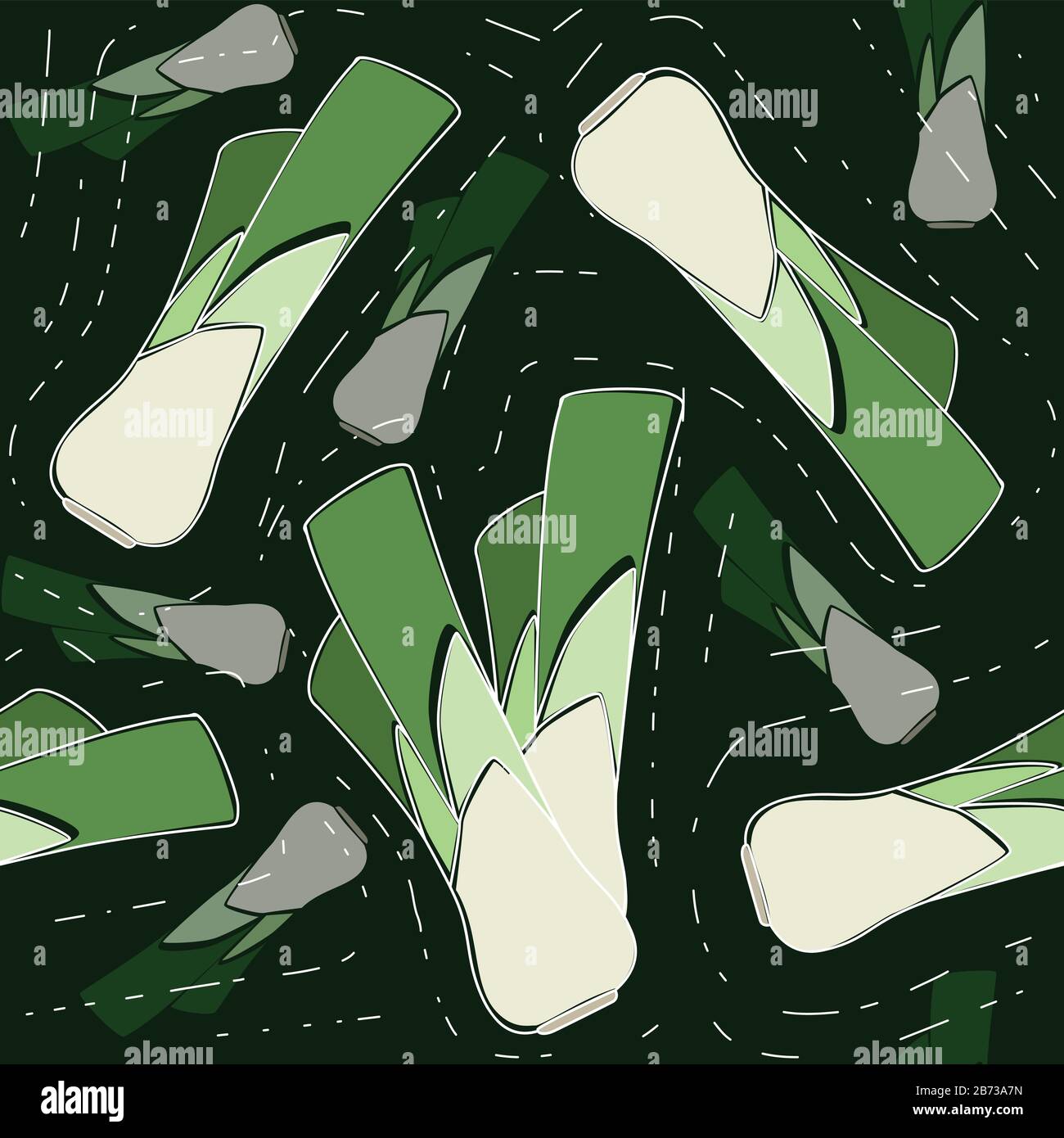 Seamless pattern with green leek vegetable flat vector illustration on dark background. Stock Vector
